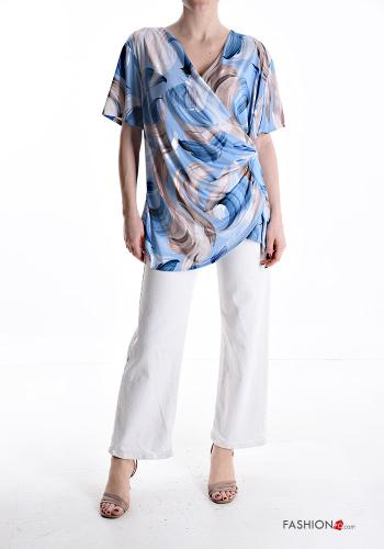 Blouse manches courtes Imprimé abstrait à col en V à noeud - ph 5