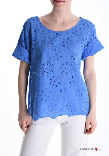 T-shirt in Cotone girocollo Fantasia ricamata con bottoni in pizzo sangallo - ph 1