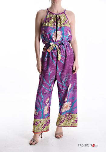 Floral sleeveless crew neck Jumpsuit with fabric belt