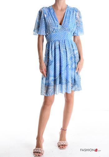 Floral short sleeve knee-length ruffle sleeve Dress with v-neck with lining - ph 1