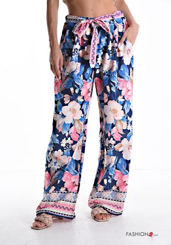 Pantalone wide leg Fantasia floreale con tasche con cintura in stoffa - ph 1