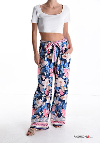 Pantalone wide leg Fantasia floreale con tasche con cintura in stoffa - ph 5