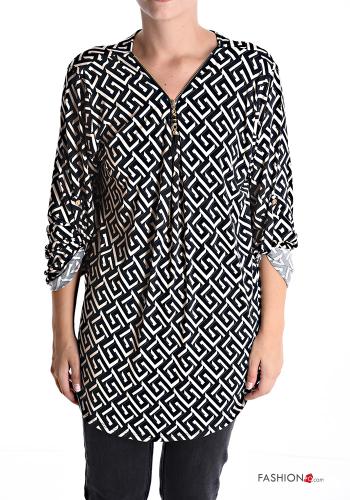 Geometrisches Muster Bluse mit Knöpfen mit Reißverschluss mit V-Ausschnitt - ph 1