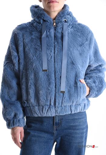 Giacca pelliccia sintetica con fodera con cappuccio con tasche con zip