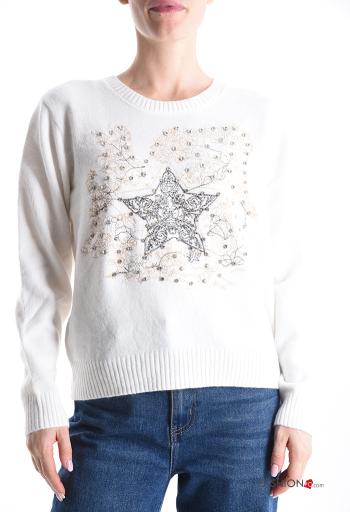 Embroidered long sleeve crew neck Sweater with rhinestones - ph 1