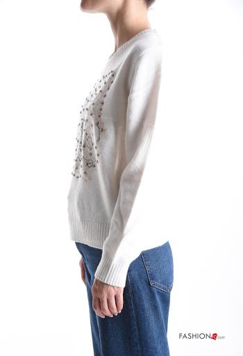 Embroidered long sleeve crew neck Sweater with rhinestones - ph 3