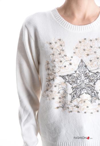 Embroidered long sleeve crew neck Sweater with rhinestones - ph 4