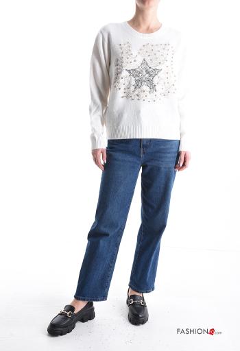 Embroidered long sleeve crew neck Sweater with rhinestones - ph 5