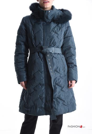 Casaco acolchoado pelo sintético com capuz com forro com fecho com bolsos com botões com cinto de tecido - ph 1