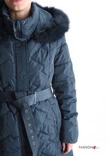 Casaco acolchoado pelo sintético com capuz com forro com fecho com bolsos com botões com cinto de tecido - ph 4