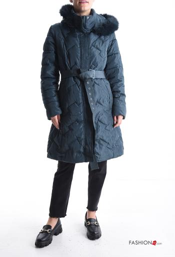 Casaco acolchoado pelo sintético com capuz com forro com fecho com bolsos com botões com cinto de tecido - ph 5