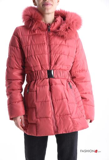 faux fur Puffer Jacket with belt with pockets with hood with zip