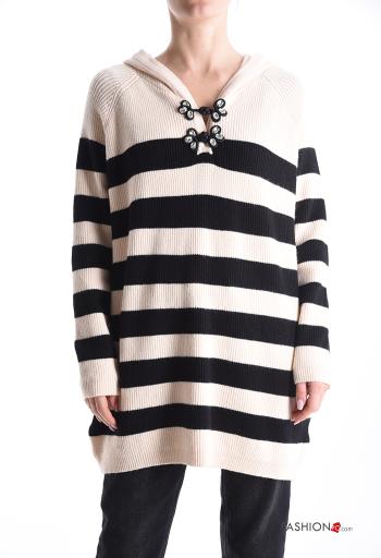 Maglione maniche lunghe Fantasia righe con strass con cappuccio