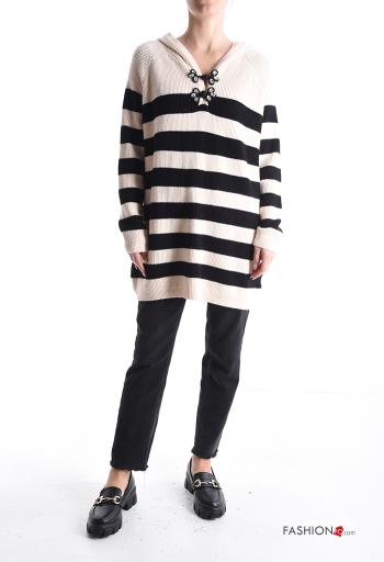 Maglione maniche lunghe Fantasia righe con strass con cappuccio - ph 5