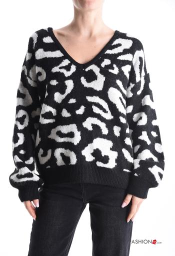 Maglione in Misto Lana maniche lunghe Fantasia animalier scollo a V
