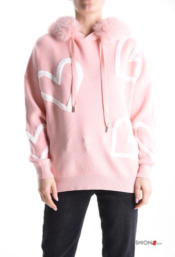 Maglione pelliccia sintetica maniche lunghe Fantasia cuore con cappuccio