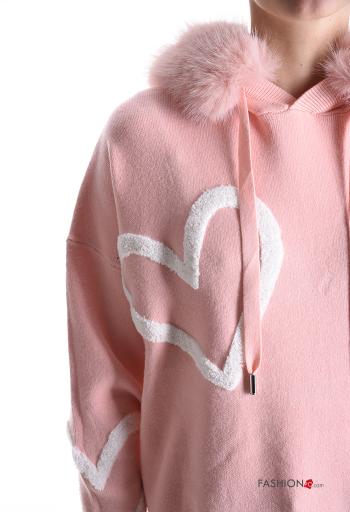 Maglione pelliccia sintetica maniche lunghe Fantasia cuore con cappuccio - ph 4