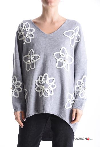 Maglione maniche lunghe Fantasia floreale scollo a V con perle - ph 1