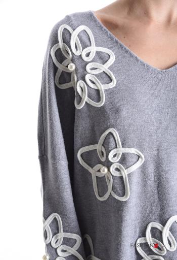 Maglione maniche lunghe Fantasia floreale scollo a V con perle - ph 4