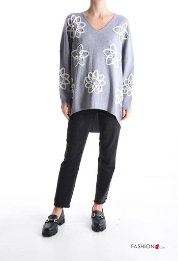 Maglione maniche lunghe Fantasia floreale scollo a V con perle - ph 5