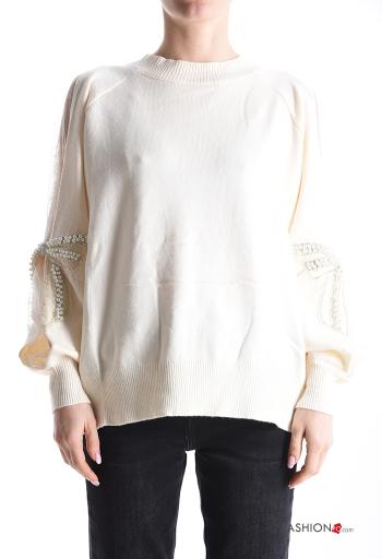 Maglione girocollo tulle maniche lunghe con perle con strass - ph 1