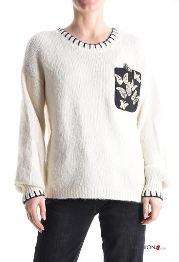 Maglione in Misto Lana maniche lunghe girocollo Fantasia animali con tasche