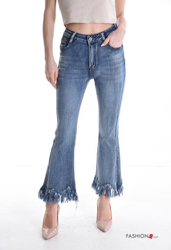 Jeans in Cotone a zampa con bottoni con frange con strass con zip