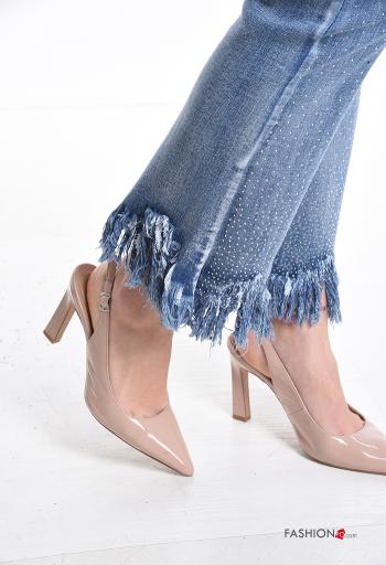 Jeans in Cotone a zampa con bottoni con frange con strass con zip - ph 4