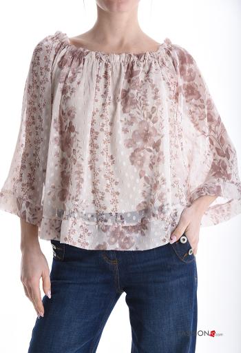 Blumenmuster volantärmel lange ärmel Bluse mit gummizug bardot-ausschnitt - ph 1