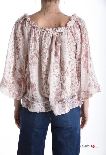 Blumenmuster volantärmel lange ärmel Bluse mit gummizug bardot-ausschnitt - ph 2