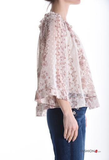 Blumenmuster volantärmel lange ärmel Bluse mit gummizug bardot-ausschnitt - ph 3