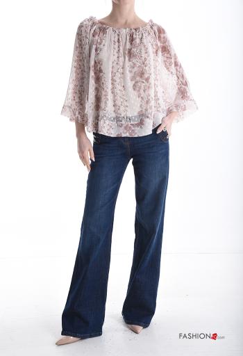 Blumenmuster volantärmel lange ärmel Bluse mit gummizug bardot-ausschnitt - ph 5