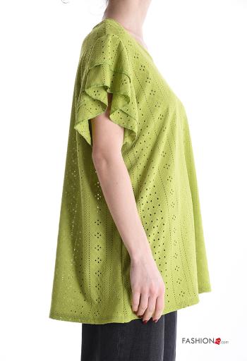 Embroidered short sleeve crew neck ruffle sleeve T-shirt broderie anglaise - ph 3