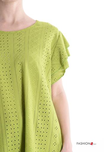Embroidered short sleeve crew neck ruffle sleeve T-shirt broderie anglaise - ph 4