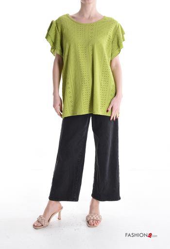 Embroidered short sleeve crew neck ruffle sleeve T-shirt broderie anglaise - ph 5
