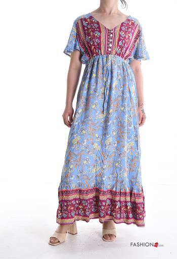 Abito in Cotone maniche corte lungo Fantasia floreale con bottoni scollo a V - ph 1
