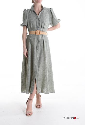 Vestido de camisa manga balão manga curta com botões com cinto com bolsos