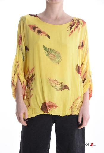 Blusa in Seta girocollo Fantasia con foglie con fodera maniche a tre quarti