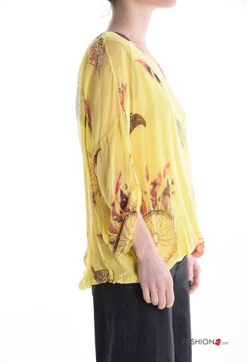 Blouse en Soie col rond Imprimé feuilles avec doublure manches à trois-quarts - ph 3