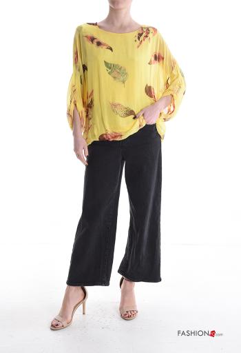 Blouse en Soie col rond Imprimé feuilles avec doublure manches à trois-quarts - ph 5