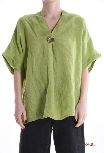 Blusa in Lino maniche corte con bottoni scollo a V