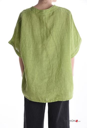 Blusa in Lino maniche corte con bottoni scollo a V - ph 2