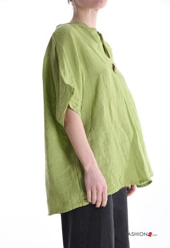 Blusa in Lino maniche corte con bottoni scollo a V - ph 3