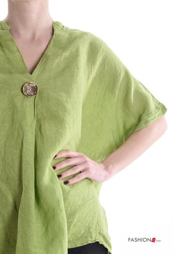 Blusa in Lino maniche corte con bottoni scollo a V - ph 4