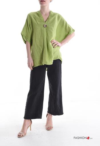 Blusa in Lino maniche corte con bottoni scollo a V - ph 5