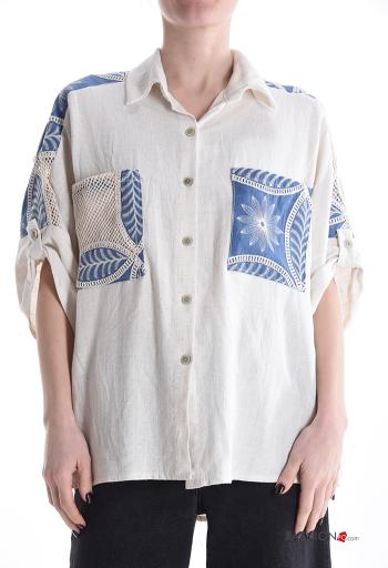 Camicia in Lino con colletto Fantasia ricamata maniche a tre quarti con bottoni con tasche