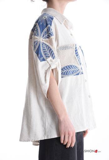 Camicia in Lino con colletto Fantasia ricamata maniche a tre quarti con bottoni con tasche - ph 3