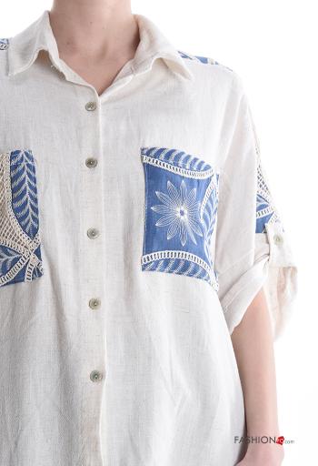 Camicia in Lino con colletto Fantasia ricamata maniche a tre quarti con bottoni con tasche - ph 4