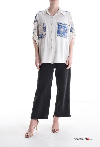 Camicia in Lino con colletto Fantasia ricamata maniche a tre quarti con bottoni con tasche - ph 5