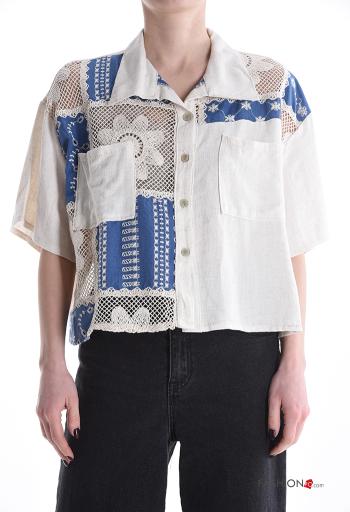 Camicia in Lino maniche corte con colletto Fantasia ricamata con bottoni con tasche - ph 1